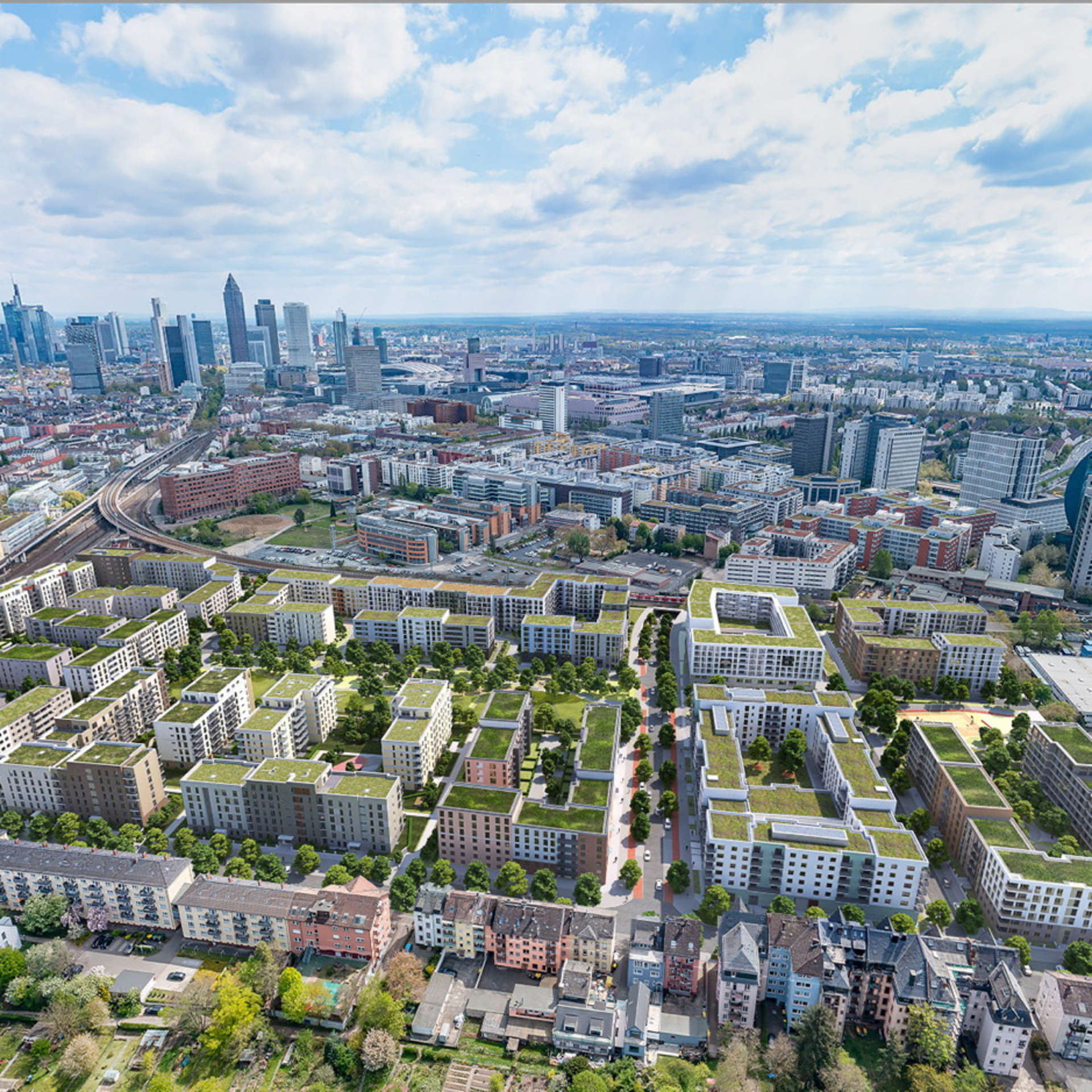 Luftaufnahme von Frankfurt, hineinmontiert die Visualisierung vom fertiggestellten Schönhof-Viertel