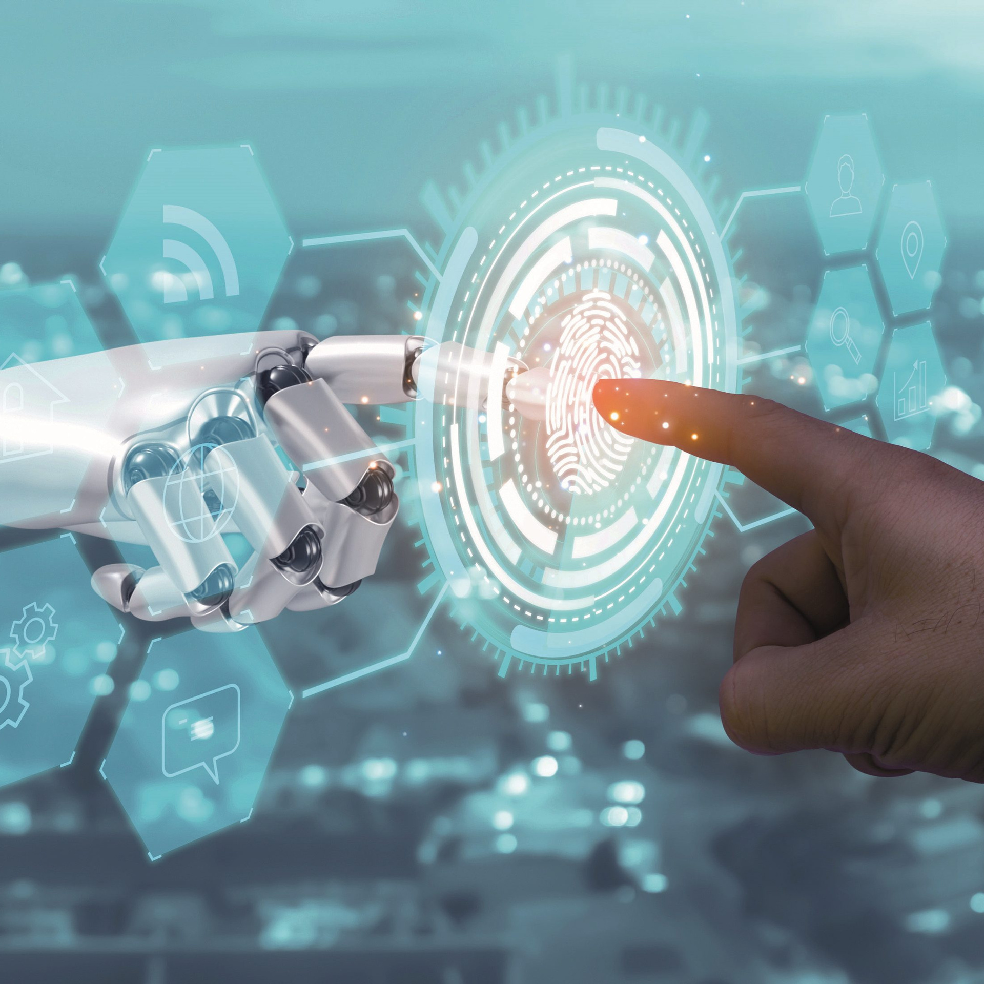 Eine Visualisierung einer Roboter Hand und einer menschlichen Hand, deren Zeigefinger sich berühren und die Zusammenarbeit zwischen Mensch und KI signalisiert.