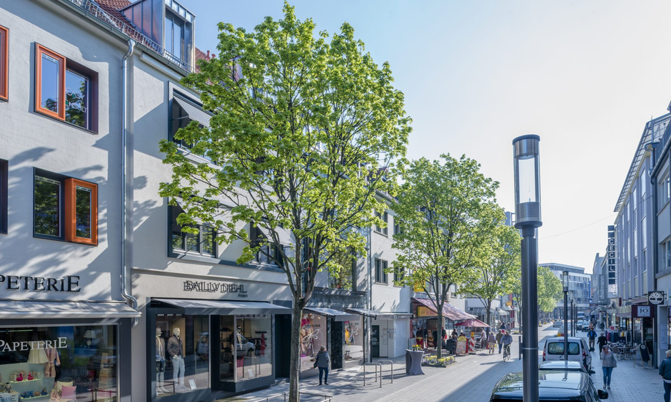 Blick auf eine Einkaufsstraße, die an einer Seite von Bäumen gesäumt ist