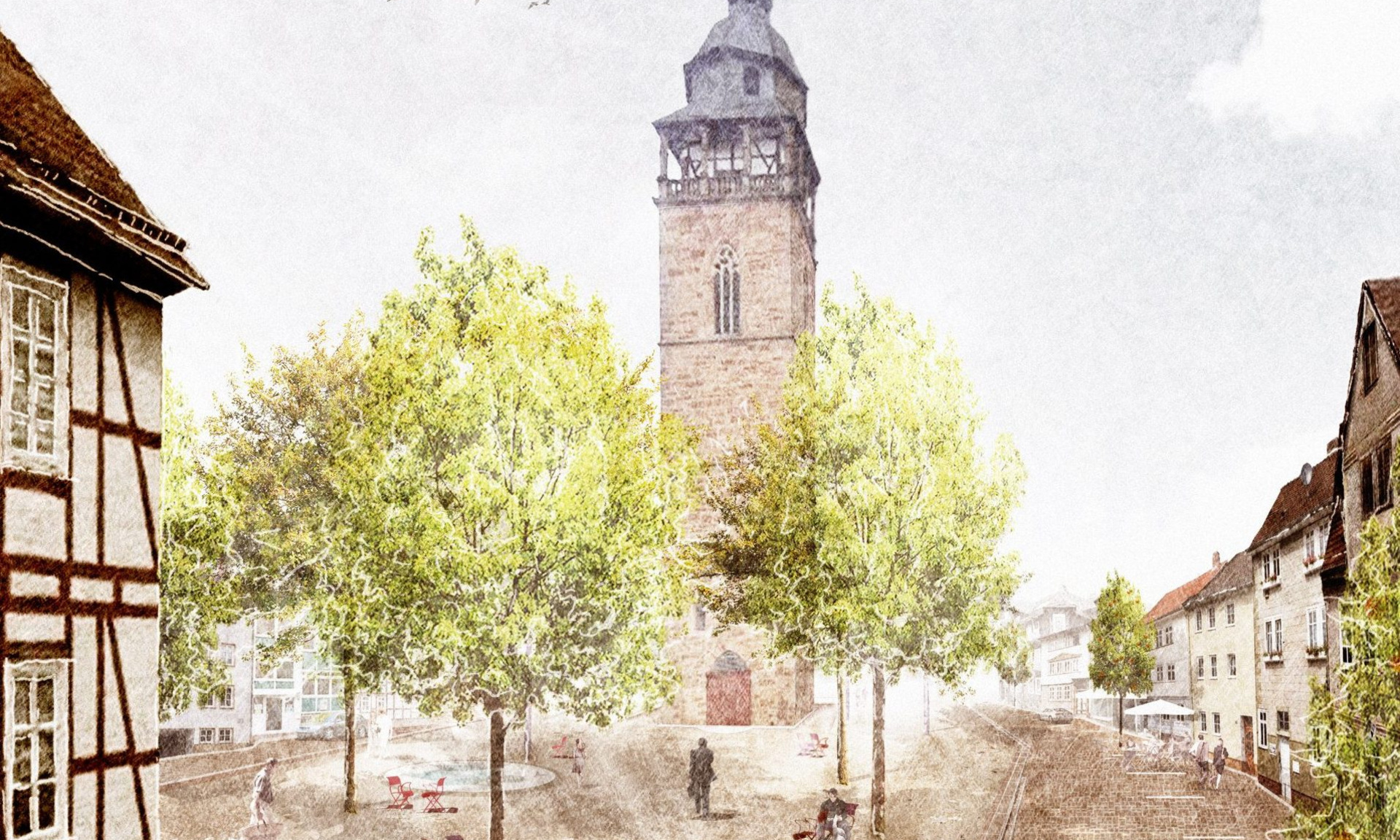 Visualisierung vom Nikolaiplatz in Eschwege mit Bäumen, einem Brunnen und Sitzgelegenheiten