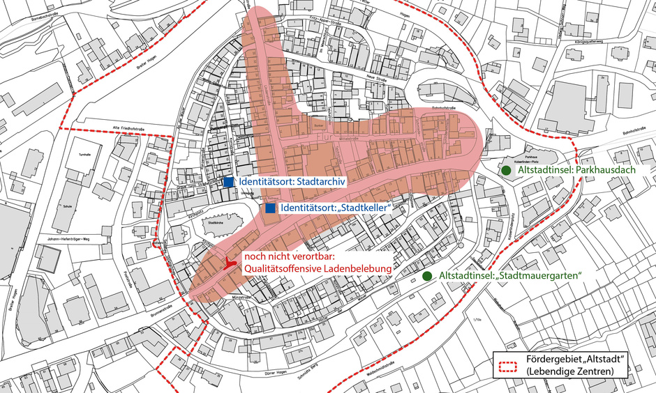 Eine Karte der Stadt Bad Wildungen auf der eingezeichnet ist an welchen Stellen welches Projekt umgesetzt wird.