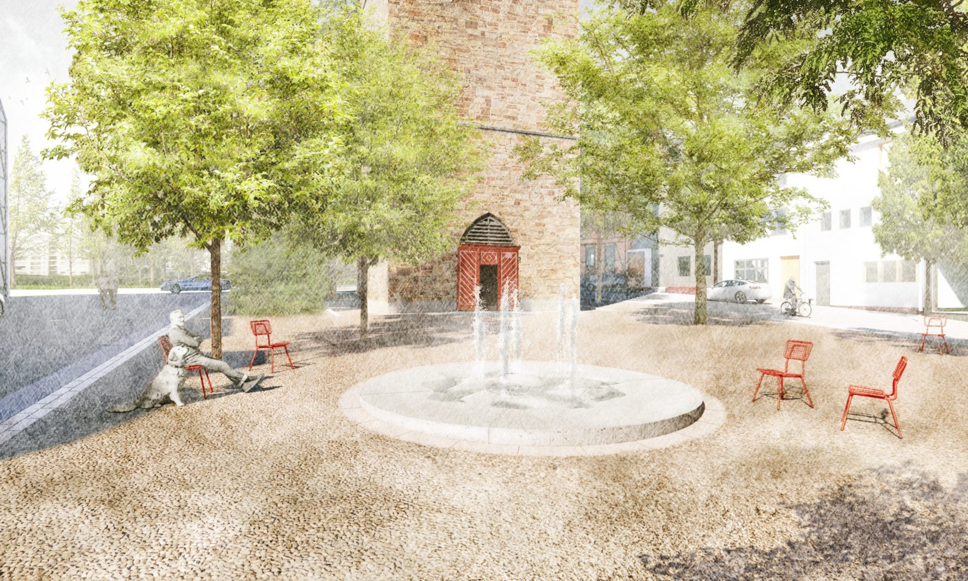 Visualisierung des Nikolaiplatzes in Eschwege mit Stühlen, Brunnen und Bäumen